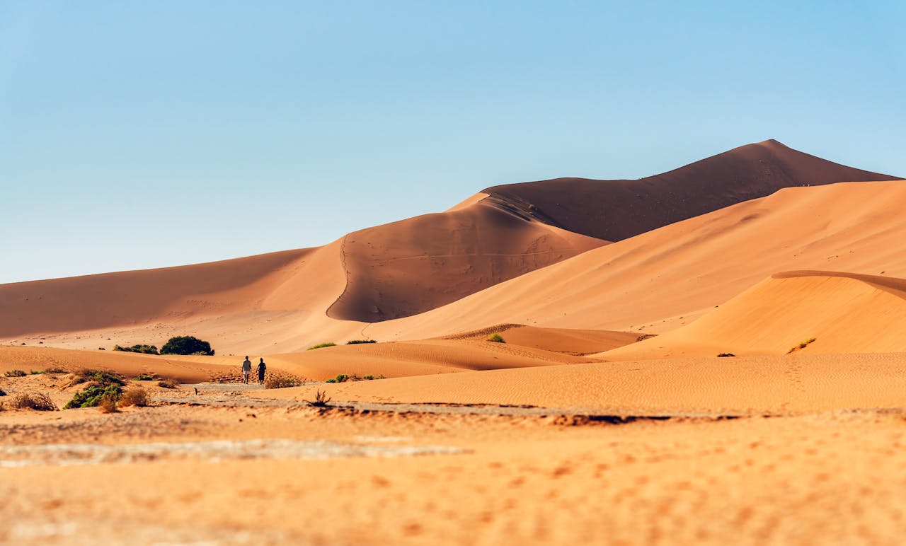 About Two people walking in a vast desert landscape with towering sand dunes under a clear sky.
